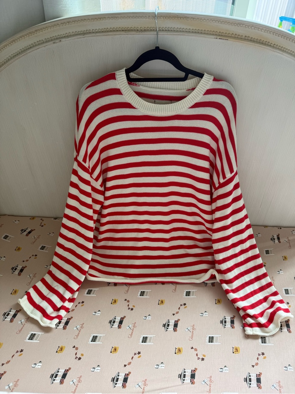 Daily Drills Beach Knit Oversized Sweater- Heart + White Stripe
